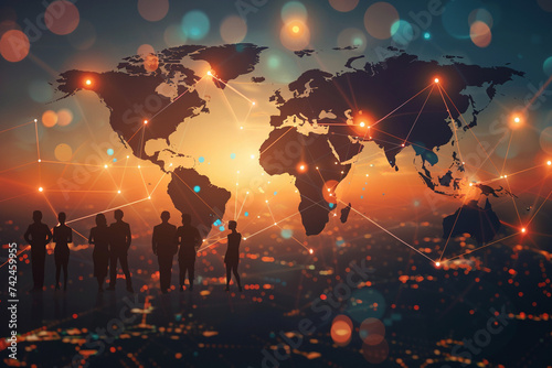 Silhouettes of people interconnected by glowing lines against a world map backdrop, showcasing the interconnectedness of global business networks, photo