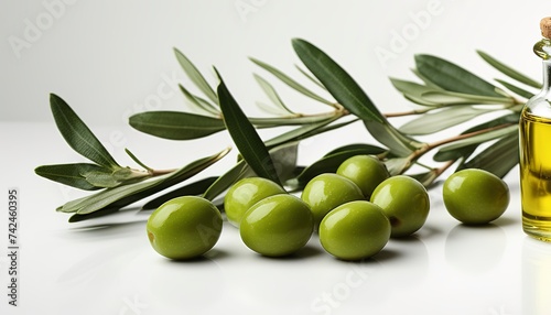 Glass bottle of olive oil and some olives with leaves isolated on a white background.
