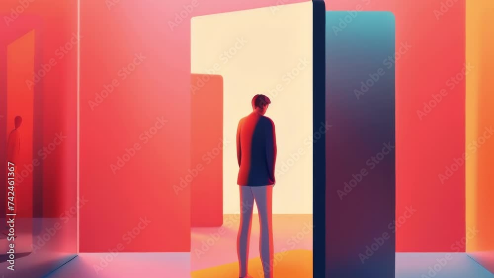 A person standing in front of a mirror looking at their reflection with a puzzled expression. Psychology art concept. . A person standing in front of a mirror looking at their reflection with a puzzled expression. Psychology art concept. .