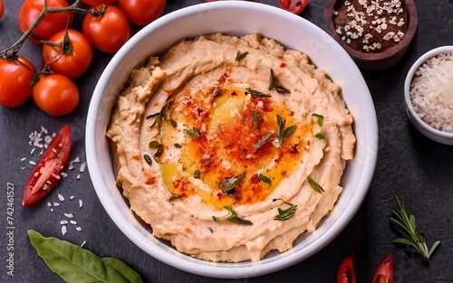 Healthy food. Traditional freshly made organic hummus. Chickpea dishes, delicious hummus with olive oil, red pepper and lemon