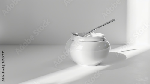 minimalist composition featuring a white sugar bowl with a silver spoon  bathed in soft  natural light