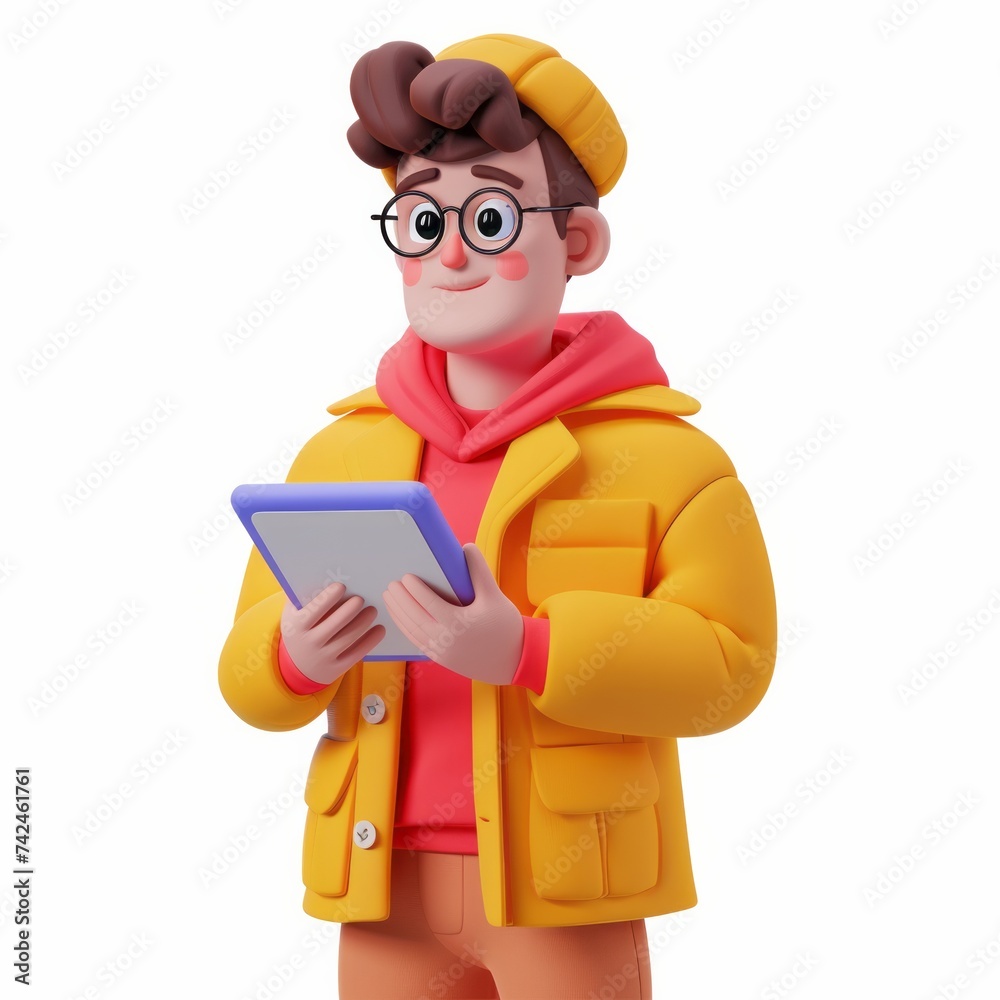 3D Render of clay animation character browsing recipes on a tablet, on isolated white background, Generative AI