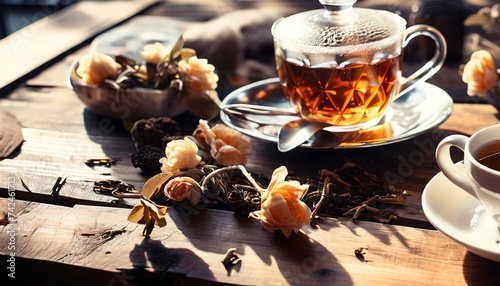hot tea on wood table photo