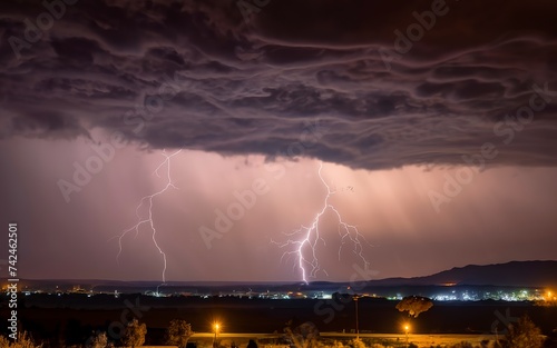 Lightning thunderstorm flash over the night sky. Hurricane, typhoon, tornado, storm.