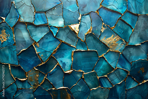 a background with glass bricks and gold pieces, in the style of dark azure and turquoise