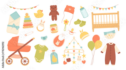 Baby shower set. Items for baby care. Flat vector isolated illustration