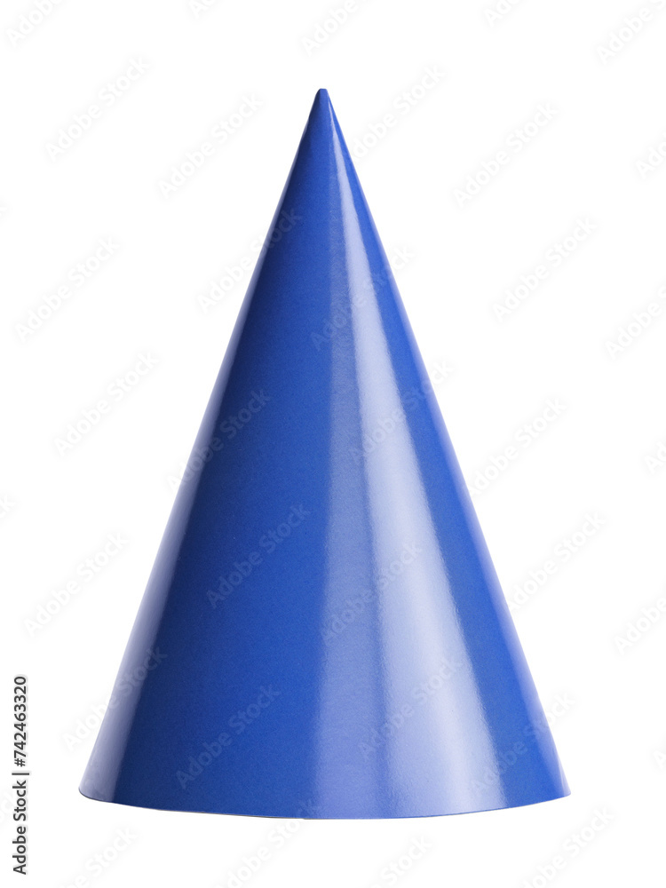 Blue solid paper party hat, standing cutout on transparent background. Blue solid paper party hat, standing cutout on transparent background.