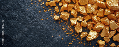 Golden nuggets of varying sizes scattered across a dark, textured surface, conveying a sense of luxury and wealth.	
 photo