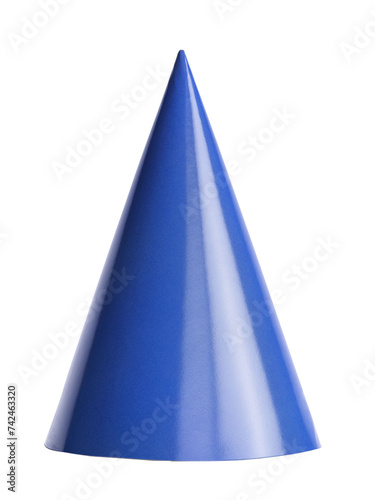 Blue solid paper party hat, standing cutout on transparent background.