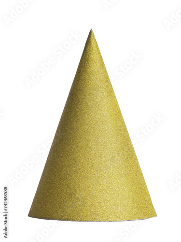 Golden mat glitter paper party hat, standing cutout on transparent background.