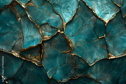 abstract gold teal blue fractal abstract design, stained glass effect, bio-art, cracked, stone, light turquoise