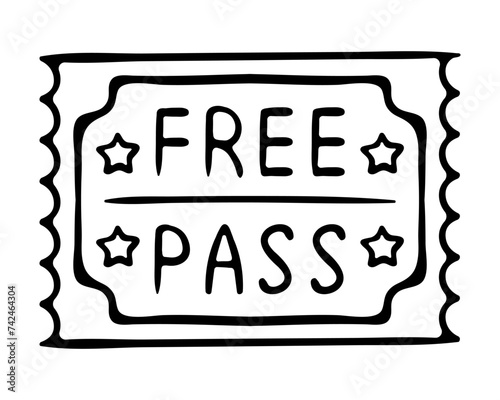 Free pass. Coupon, check, reservation, guarantee, event, transport, travel card, plane, bus, public, buy in advance, book, ticket, special, black and white, stars. Vector illustration