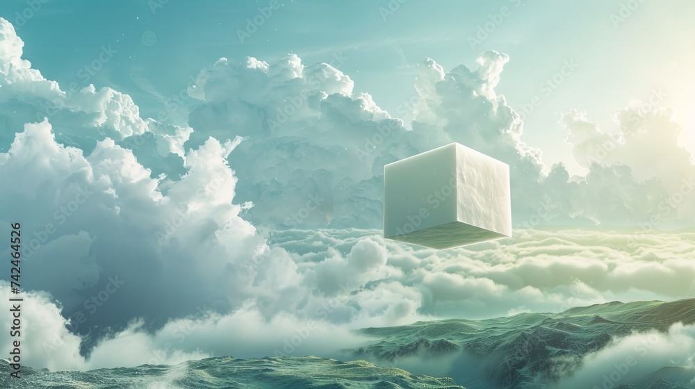 mesmerizing digital creation featuring a white cube suspended in a ...