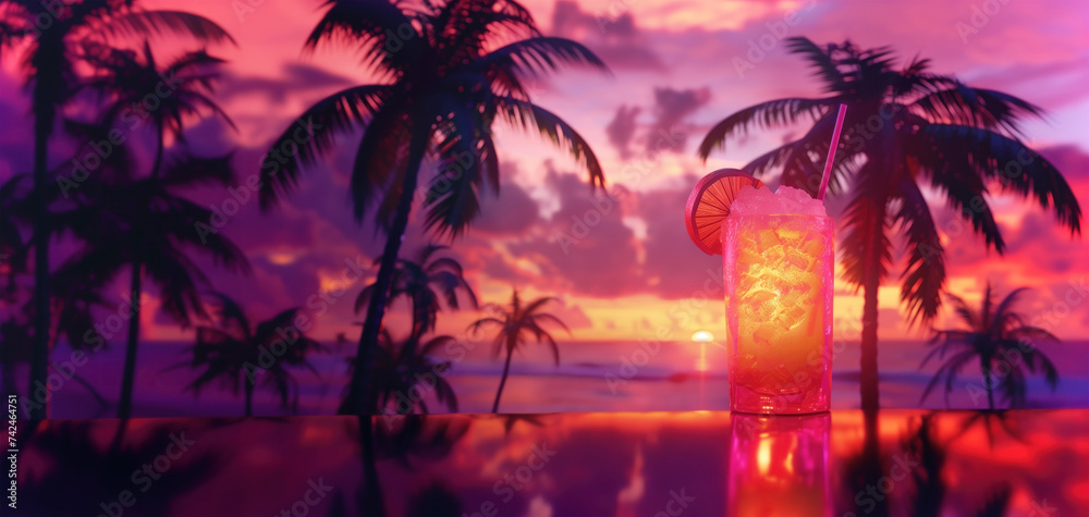 Sunset Cocktail Elegance. A glass of iced drink against a backdrop of tropical palms and a warm sunset