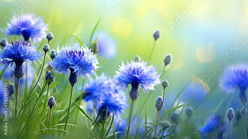 Field of blue cornflowers. Photo background. Neutral background with copyright.