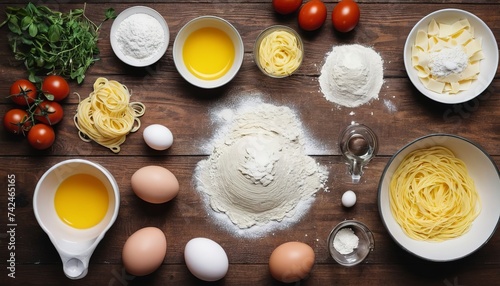 Process of cooking pasta with raw fresh ingredients for classic italian food - raw eggs, flour on wooden table. Top View. Toning.
