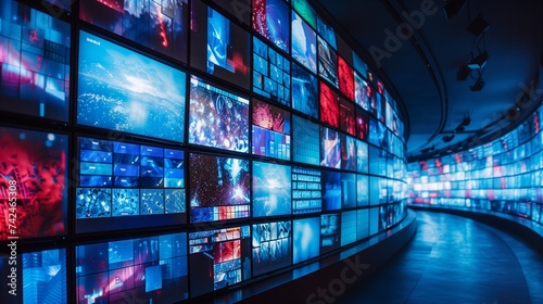 A modern multimedia video wall consisting of numerous screens displaying various images in a curved hallway. The concept is ideal for illustrating advanced technology in broadcasting