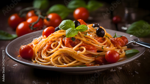 Italian pasta spaghetti with baked tomato