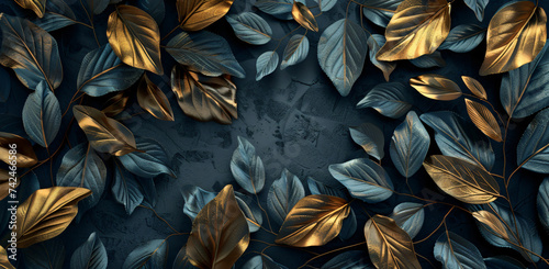 this is a golden leaf and black background design, in the style of dark gray and aquamarine, highly realistic, realistic color schemes, repetitive, exotic, nature-inspired