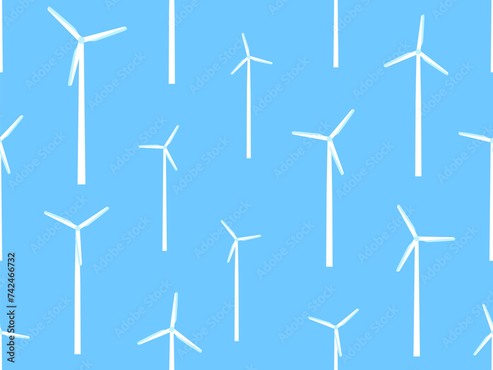 Wind turbines seamless pattern. White silhouettes of wind turbines. Green energy concept, renewable energy, clean electricity production. Eco-friendly wind energy. Vector Illustration Wind turbines seamless pattern. White silhouettes of wind turbines. Green energy concept, renewable energy, clean electricity production. Eco-friendly wind energy. Vector Illustration