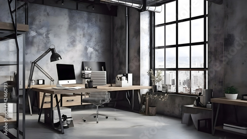 Modern office interior in loft style with scandinavian forniture photo