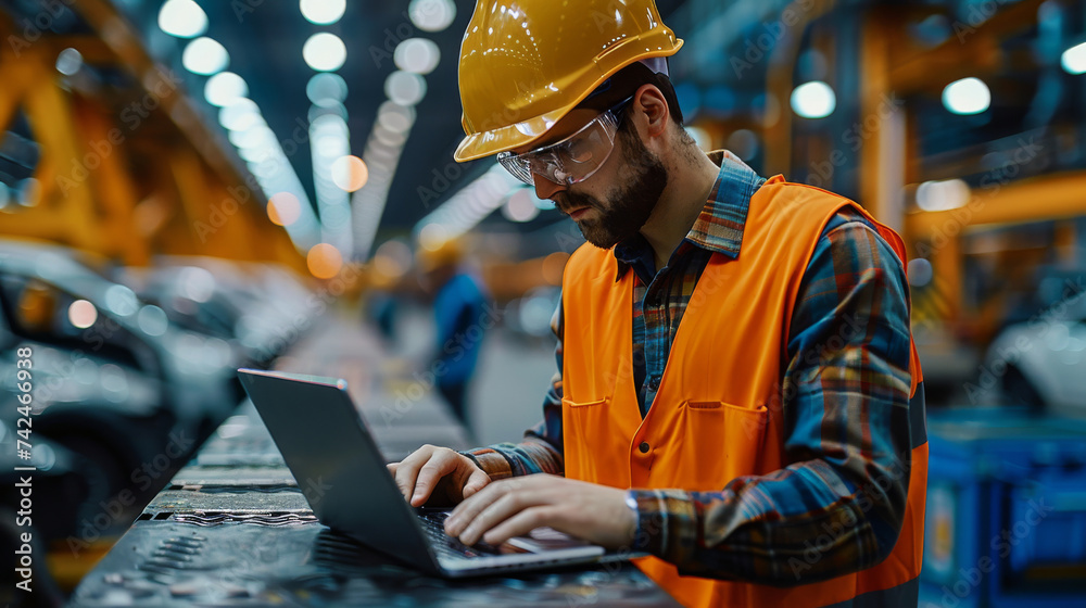 Focused engineer wearing a hard hat and safety vest while working on a laptop in an industrial facility. Focused engineer wearing a hard hat and safety vest while working on a laptop in an industrial facility.