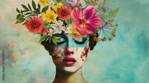Illustration of a woman portrait with fashion flowers on the head. Creative retro but contemporary pop art collage. Vivid colors. A vintage background. #742466917