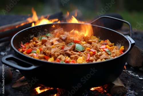 Outdoor cooking delicious food being prepared in a pot over a campfire in the wilderness