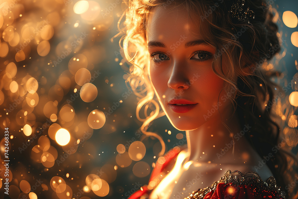 Beautiful young girl with long curly hair standing on background with boke lights and looking down.