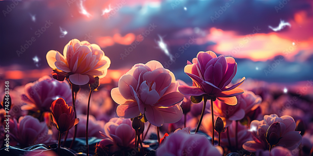 A bright color background, reminiscent of a blooming spring garden, like a magical portal into a