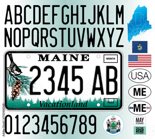 Maine car license plate pattern, letters, numbers and symbols, vector illustration, United States
