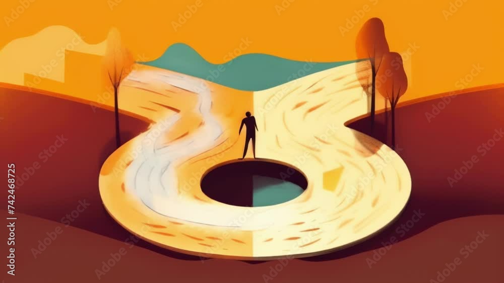 A person trying to make a decision between two paths at a crossroads unable to choose either. Psychology art concept. .