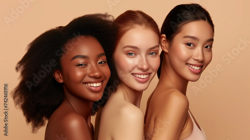 Beauty, diversity and portrait of women happy with makeup for cosmetic skincare isolated in studio brown background.