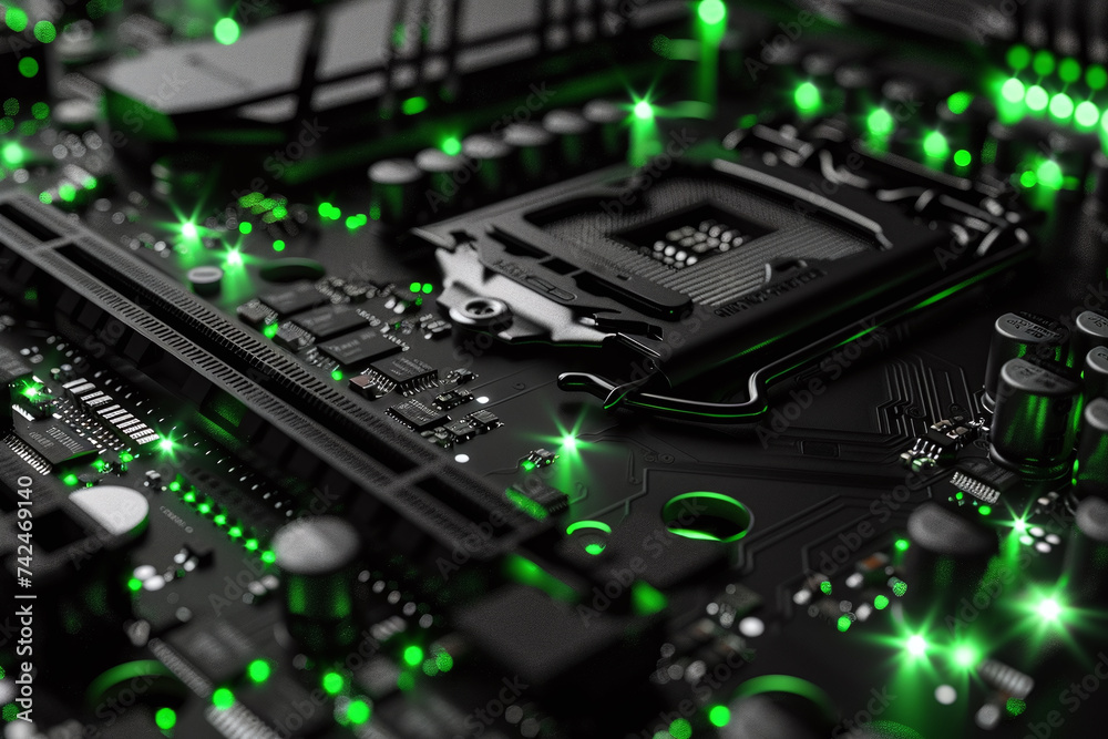 Close-up photo of motherboard with CPU socket and many chips and transistors and neon light