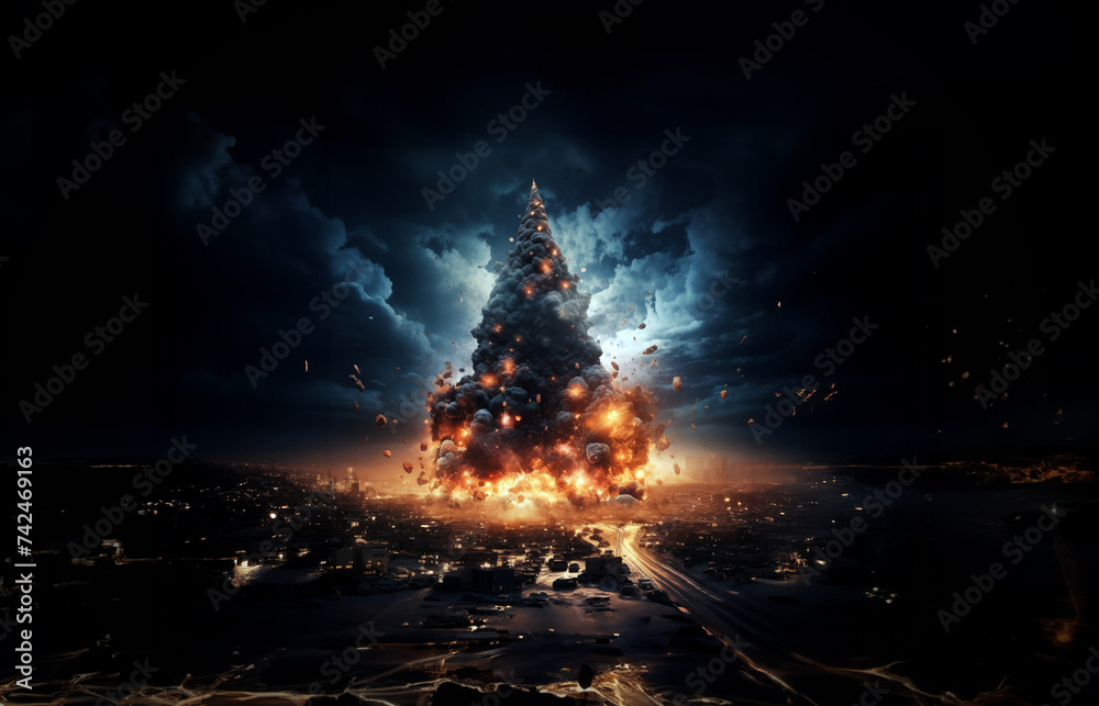 A chrsitmas tree as bomb explosion, conceptual photography 