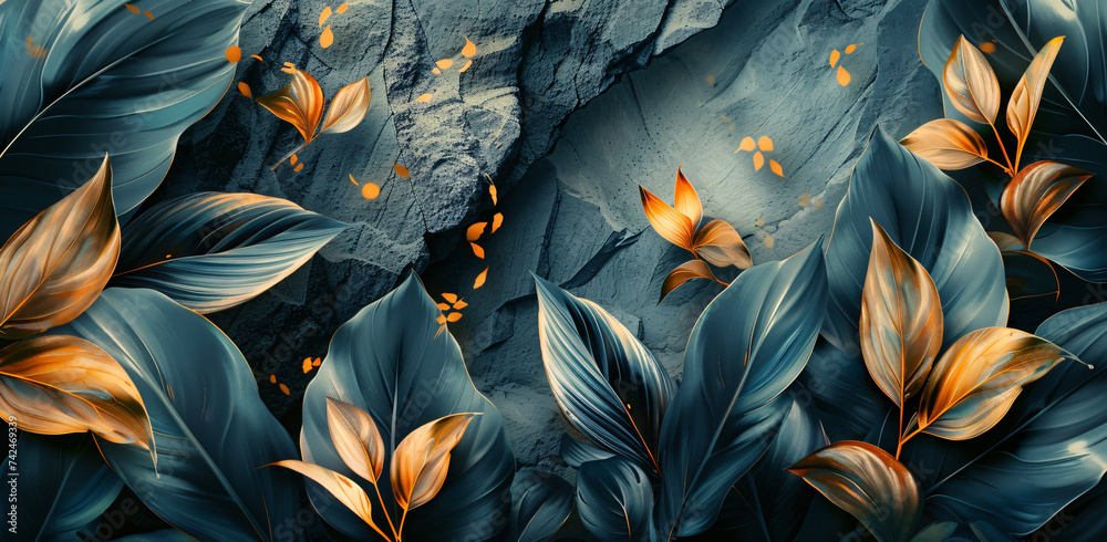 bronze and gold leaves on black background, in the style of photorealistic art, exotic, dark gray and light gray