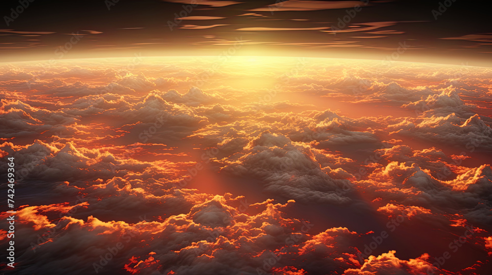 Clouds surrounded by orange light of sunset resemble fiery flames that flashed in hea Clouds surrounded by orange light of sunset resemble fiery flames that flashed in hea