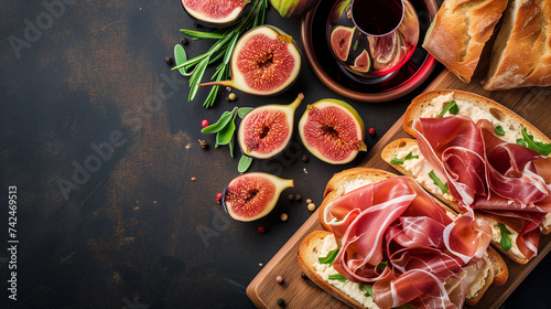 Sandwich with goat cheese spread, prosciutto, figs and chopped walnuts