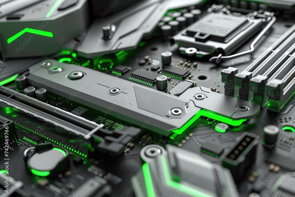 Close-up photo of motherboard with CPU socket and many chips and transistors and neon light Close-up photo of motherboard with CPU socket and many chips and transistors and neon light