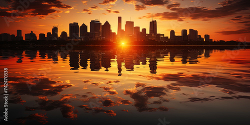 The golden rays of sunset permeate the city silhouette line  creating an atmosphere of magic and