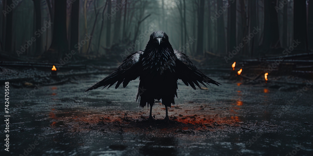 The majestic crow, rising above the dark asphalt in the night, like a symbol of secrets and ridd - obrazy, fototapety, plakaty 