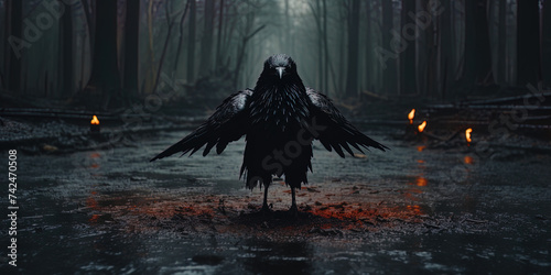 The majestic crow, rising above the dark asphalt in the night, like a symbol of secrets and ridd photo