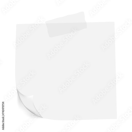 Taped sheet of paper. Tape, sticker, leave a note, folded corner, white, blank, empty, place for your text, write down, reminder, message, letter, prompt, remembrancer. Vector illustration photo