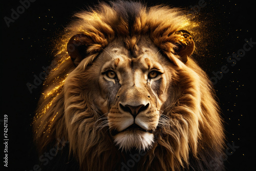 Portrait made of golden sparks in lion shape on black background