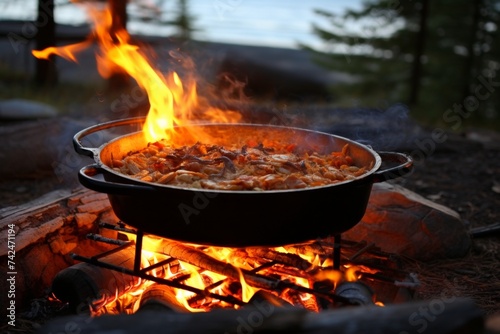 Rustic outdoor cooking scene, simmering food in a pot over a crackling campfire