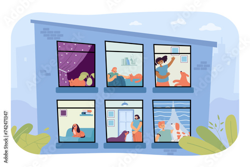 Building with apartments where people living together with pets. Vector illustration. Lots of people having dogs and cats and  taking care of them. Domestic animal, pet care concept