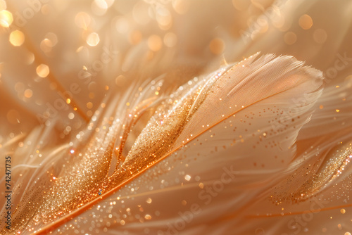 Close-up of a golden feather with glittering dust particles blurry background