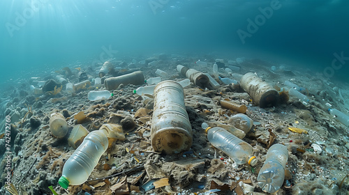 A collection of plastic bottles and cans drifting underwater in the ocean