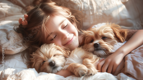 A girl and two brown puppies with white spots lie together in bed and sleep. Dog and child friendship concept © Irina