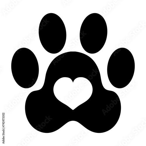 Paw print with heart. Animal, cat, dog, fox, pads, claws, soft, track, pet, beloved, veterinary, care, walk, pattern, owner, limbs, treat, love, purr, bark, fur, tail, vet. Vector illustration